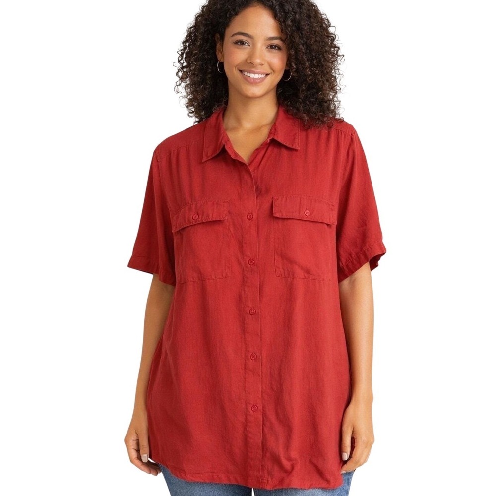 Vintage Jill Red Petite L 100%‎ Silk Short Sleeve Button Down Shirt 0244